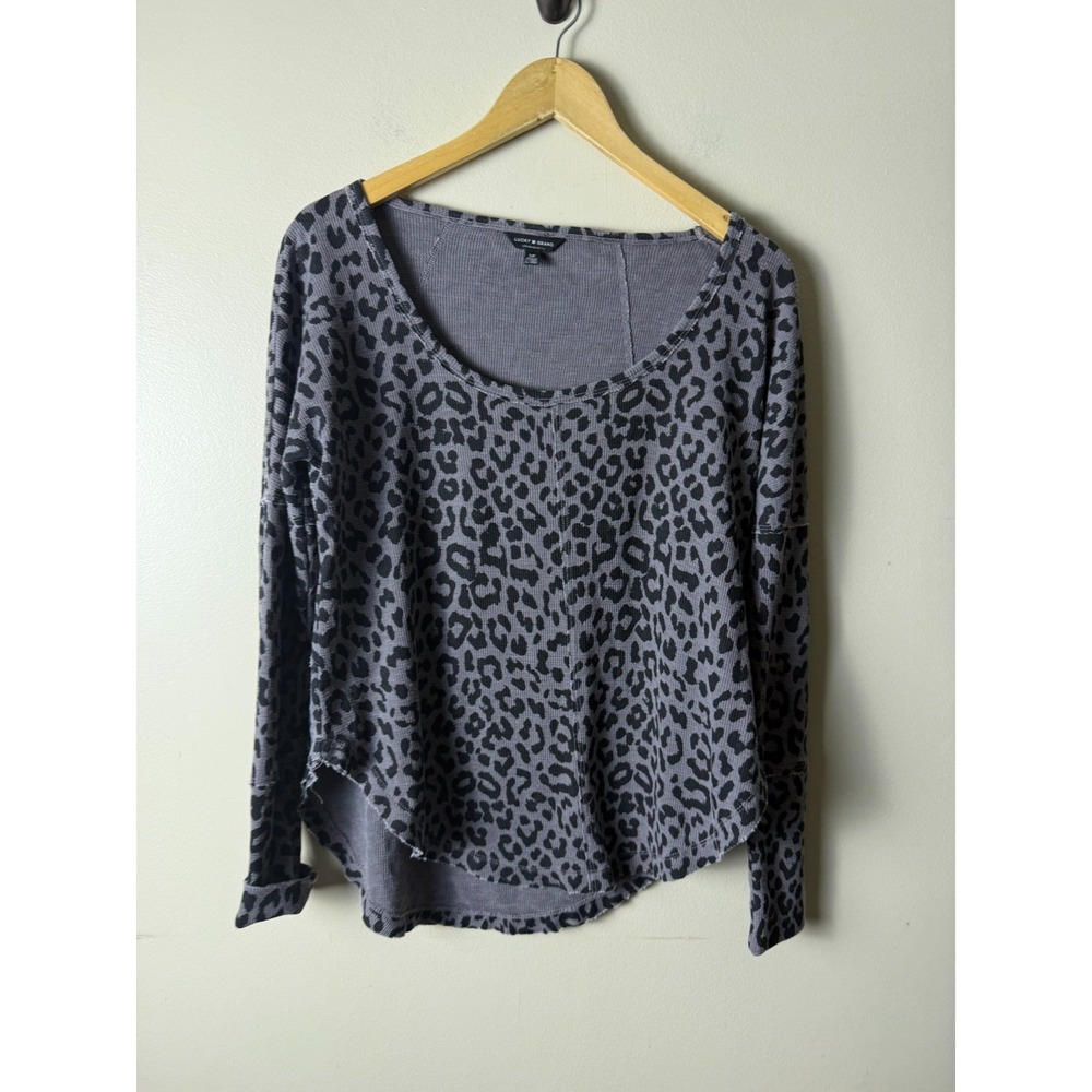 Lucky Brand Long Sleeve Knit Top‎ Womens S Petite Gray Leopard Cheetah Print TH